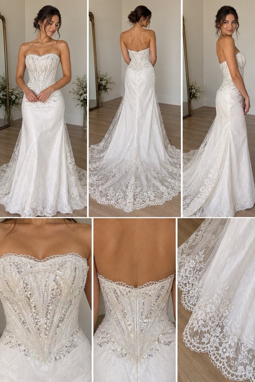 White Strapless Lace Sequin Beaded Wedding Dress Bridal Gown NWT